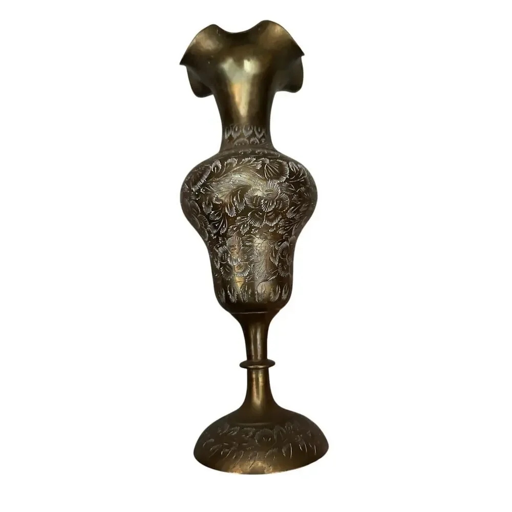 Vintage Solid Brass India Etched Diamond Cut Floral Vase